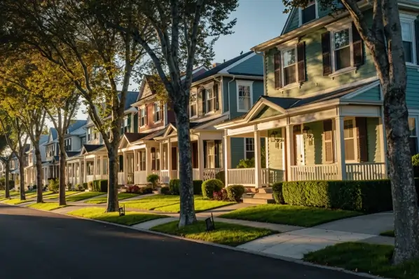 A quiet, tree-lined residential street featuring well-maintained single-family homes and manicured lawns.